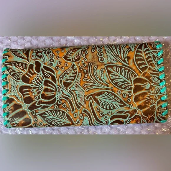 MYRA BAG Brown & Turquoise Floral Embossed Leather Wallet w/Turquoise Snap. NEW! - Picture 10 of 10